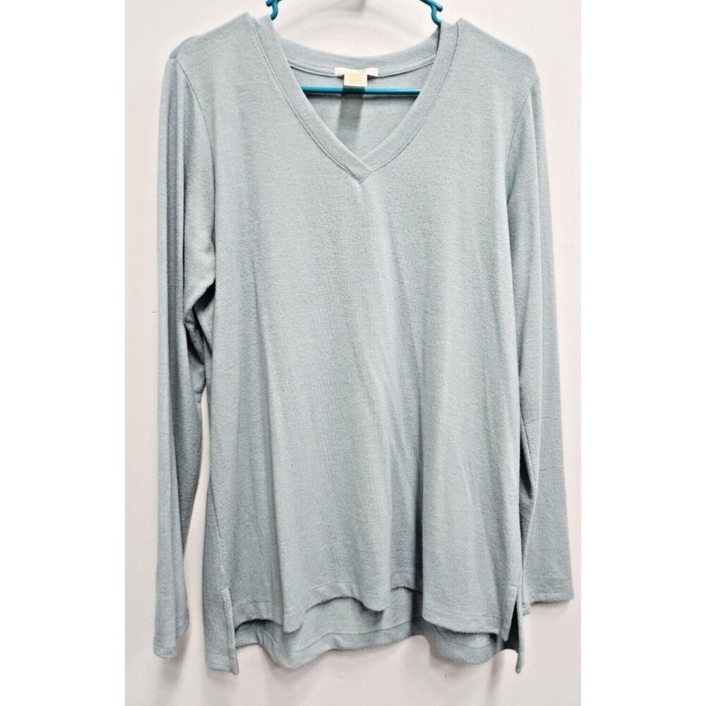 Matty M Womens Tunic Sweater Medium Blue Soft V-Neck Long‎ Sleeve Minimalist